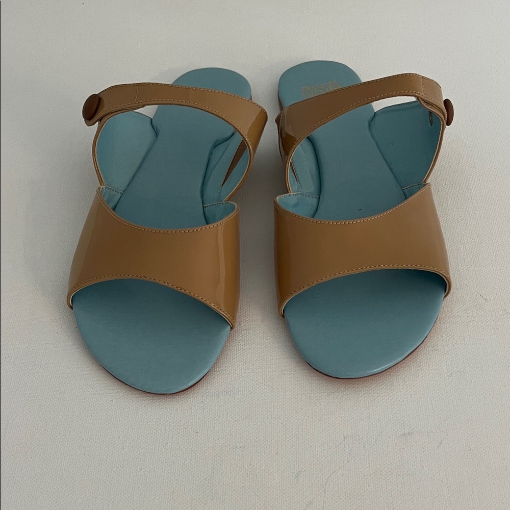 Frances Valentine Molly in Camel Patent Leather with Brown Button Sandal